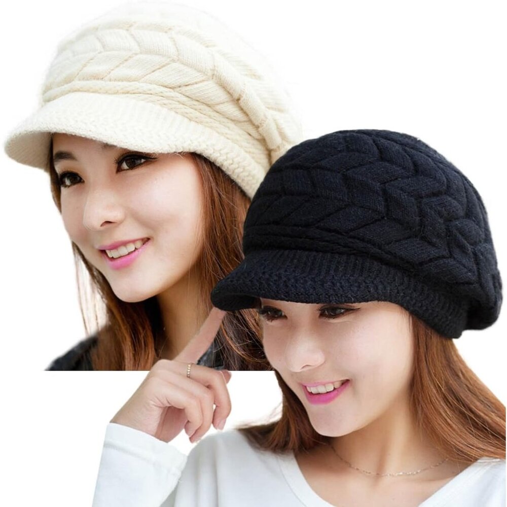 〽️ Women’s _2hats(black+beige) Winter Warm Knit Wool Snow Ski Hat with Visor